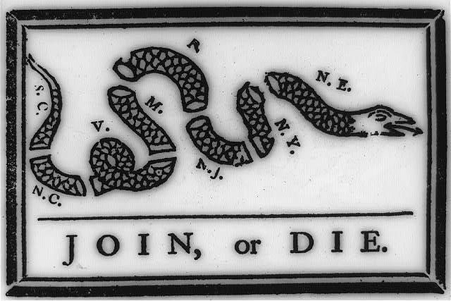 Join, or Die." — Benjamin Franklin's 1754 woodcut, urging the colonies to unite by counting themselves as one. Public domain, courtesy of the Library of Congress Prints & Photographs Division.