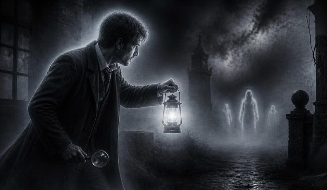Man holding a lantern in a misty alley, with ghostly figures waiting in the distance