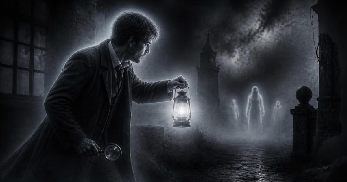 A man holding a lantern in a misty alley, with ghostly figures waiting in the distance
