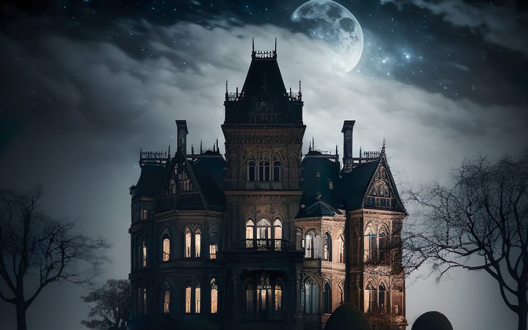 Victorian haunted mansion on a hill at night under a full moon, with glowing windows and bare trees