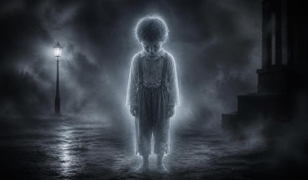 Ghostly child standing alone on a foggy street beneath a lamppost