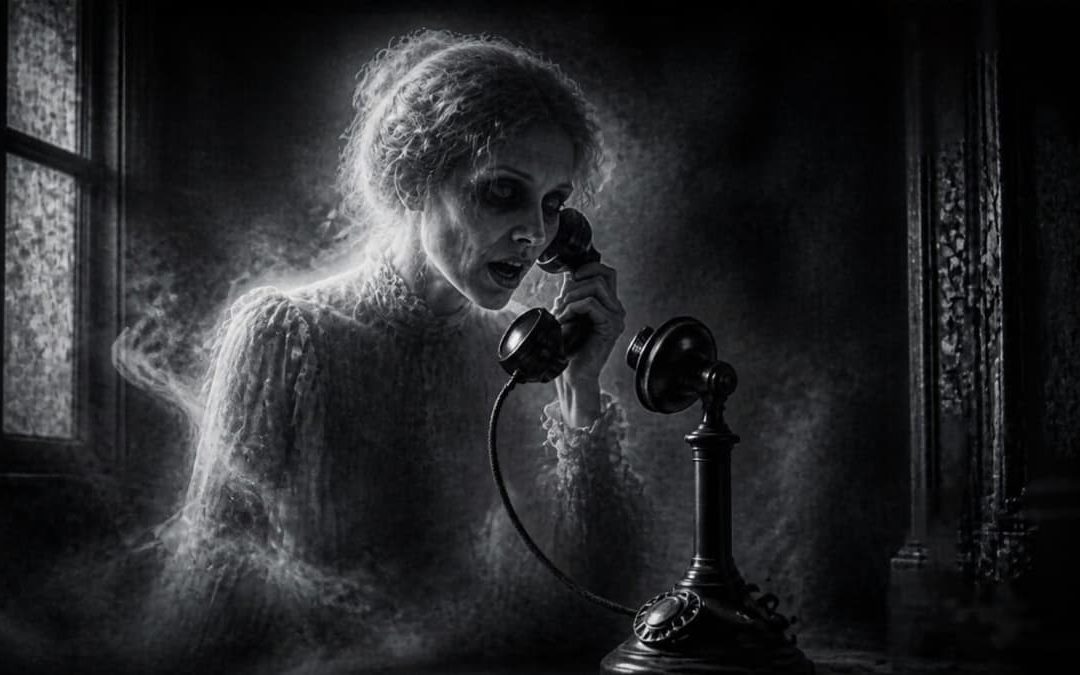 Ghostly woman on an antique candlestick telephone beside a window